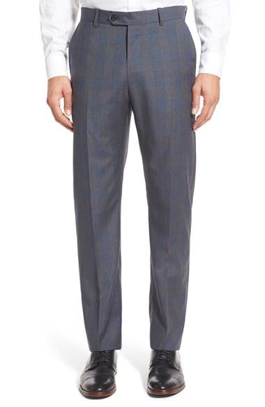 Men's Monte Rosso Flat Front Plaid Wool Trousers - Grey