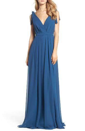 Women's Monique Lhuillier Bridesmaids Sleeveless Deep V-neck Chiffon Gown - Blue