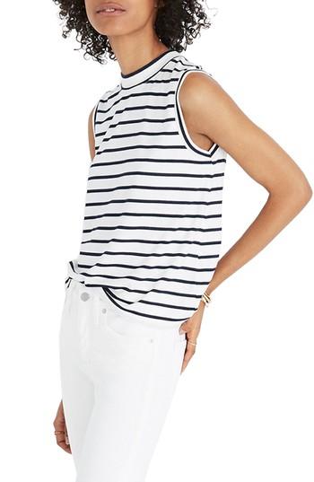Women's Madewell Stripe Mock Neck Tank, Size - White