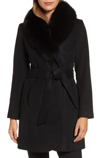 Women's George Simonton Couture Genuine Fox Fur Collar Wrap Coat - Black