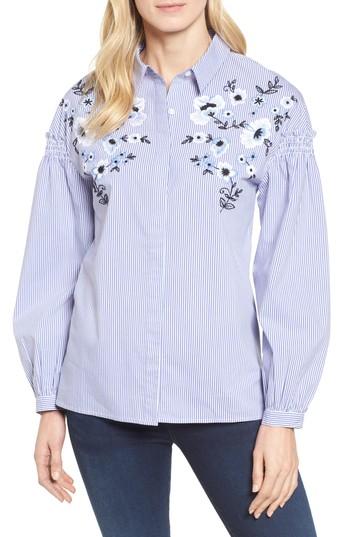Women's Halogen Embroidered Button Down Shirt - Blue