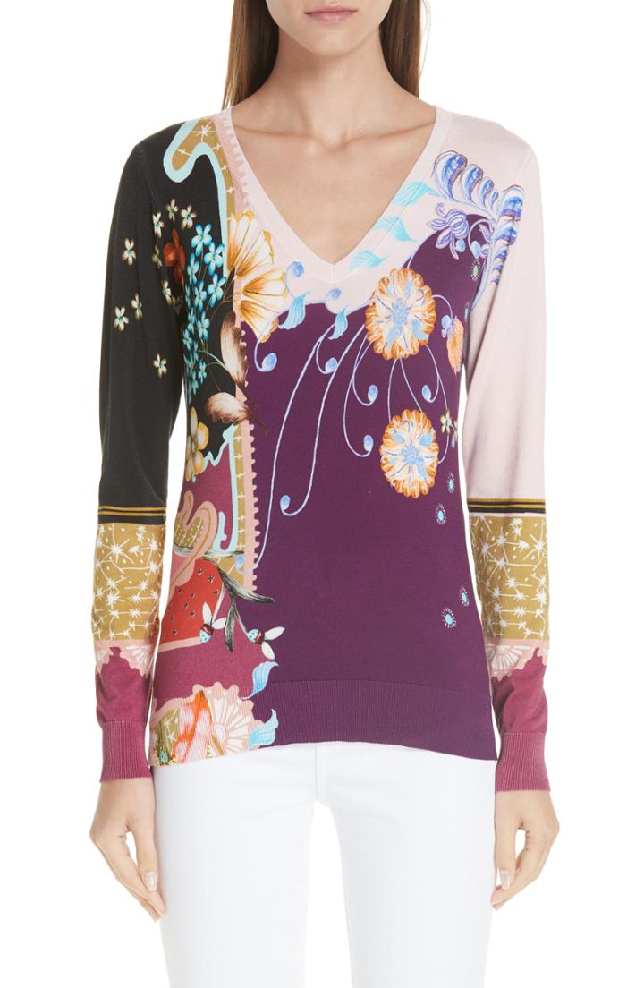 Women's Etro Paisley Floral Stretch Silk Sweater Us / 42 It - Black