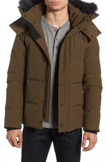 Men's Canada Goose Wyndham Slim Fit Genuine Coyote Fur Trim Down Jacket, Size - Green