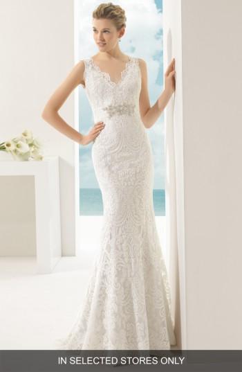 Women's Rosa Clara 'vigo' Beaded V-neck Lace Overlay Mermaid Dress, Size In Store Only - Ivory