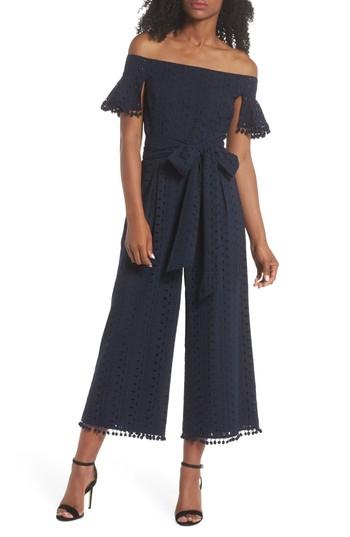 Women's Chelsea28 Off The Shoulder Eyelet Pom Jumpsuit - Blue