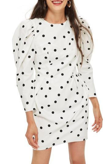 Women's Topshop Puff Sleeve Polka Dot Minidress Us (fits Like 0) - Ivory