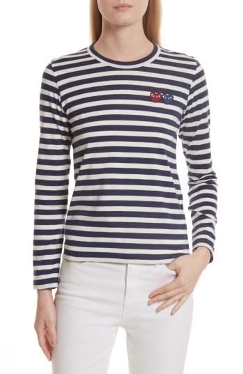 Women's Comme Des Garcons Play Double Heart Stripe Tee - Blue