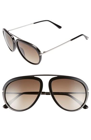 Men's Tom Ford 'stacy' 57mm Aviator Sunglasses - Shiny Black/ Gradient Roviex