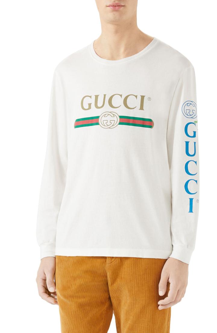 Men's Gucci Dragon Applique Long-sleeve T-shirt, Size - White