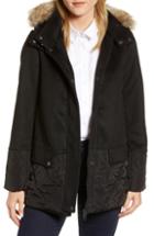 Women's Joules Mixed Texture Hooded Coat With Faux Fur Trim - Black