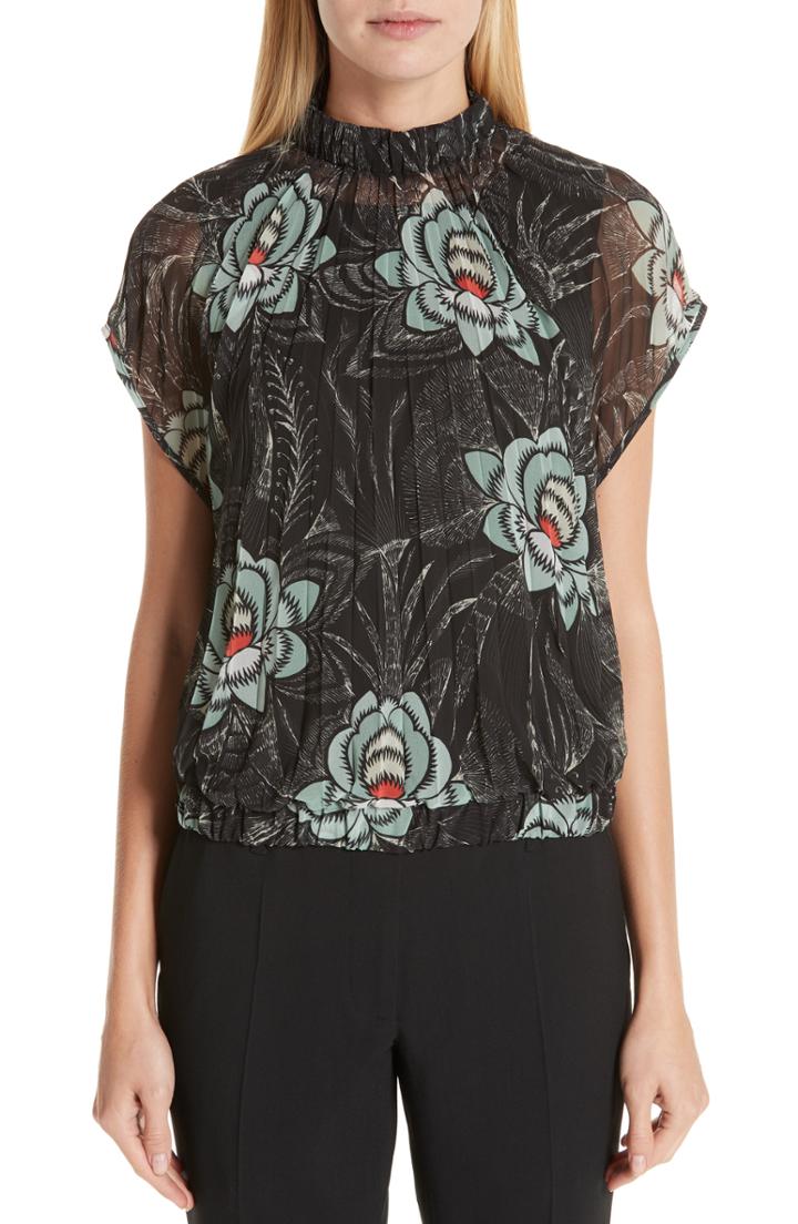 Women's Dries Van Noten Floral Print Pleated Blouse Us / 40 Fr - Black