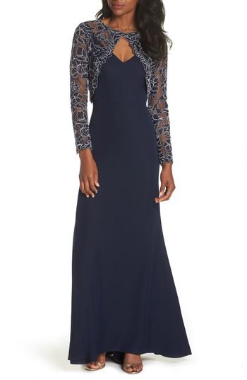Women's Tadashi Shoji Crepe & Embroidered Lace Gown - Blue