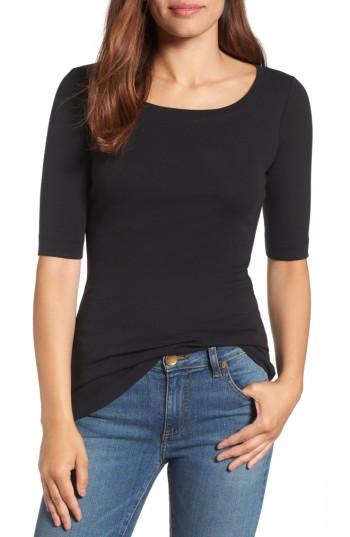 Petite Women's Caslon Ballet Neck Cotton & Modal Knit Elbow Sleeve Tee, Size P - Black