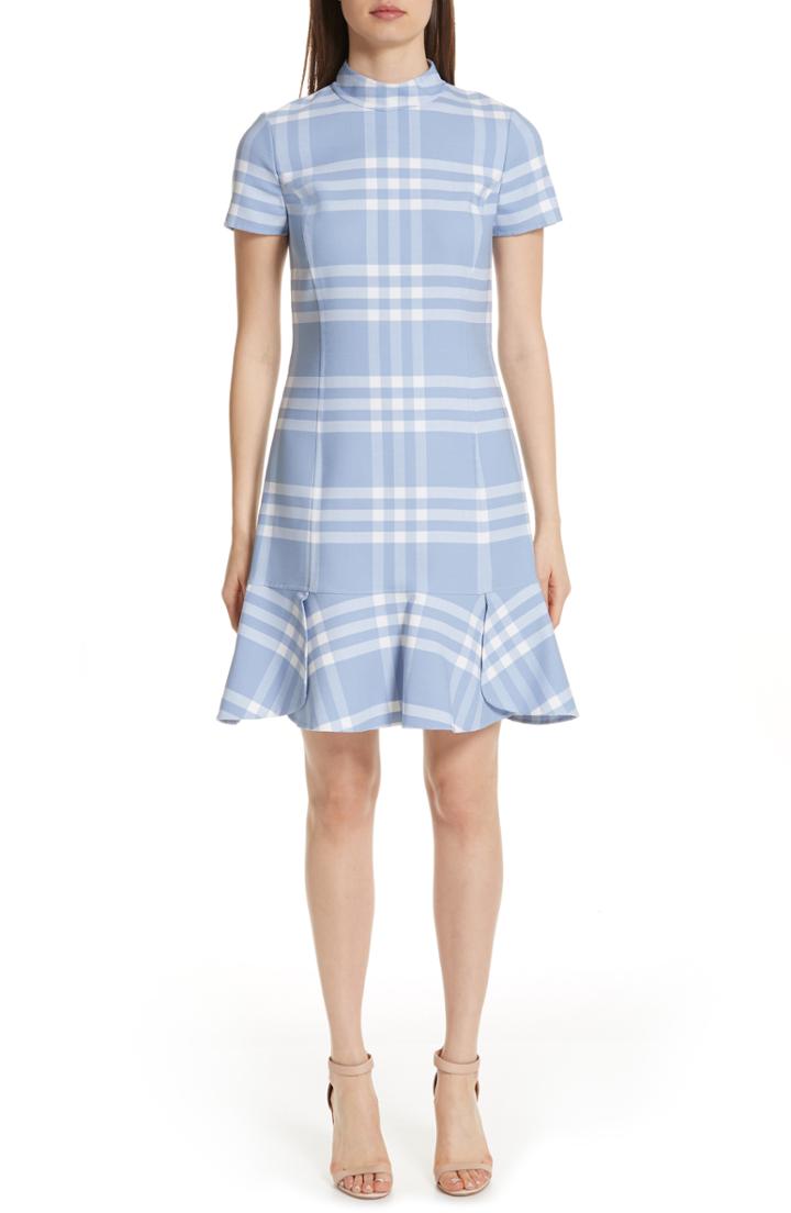 Women's Oscar De La Renta Checkered Ruffle Hem Stretch Wool Dress - Blue