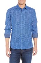 Men's Bugatchi Shaped Fit Check Linen Sport Shirt, Size - Blue