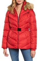 Women's Vince Camuto Belted Down & Feather Fill Coat With Faux Fur Trim Hood - Red