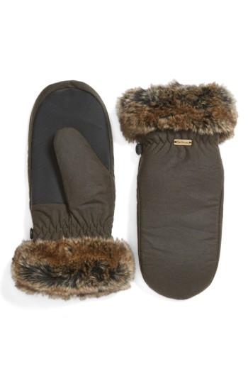Women's Barbour Waxed Cotton Mittens With Faux Fur Trim - Green