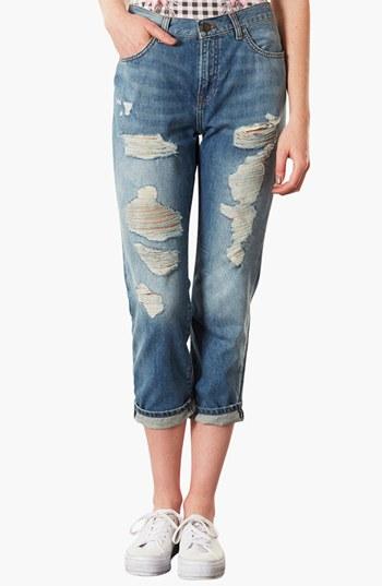 Topshop Moto 'kevin' Ripped Boyfriend Jeans Womens Mid Stone