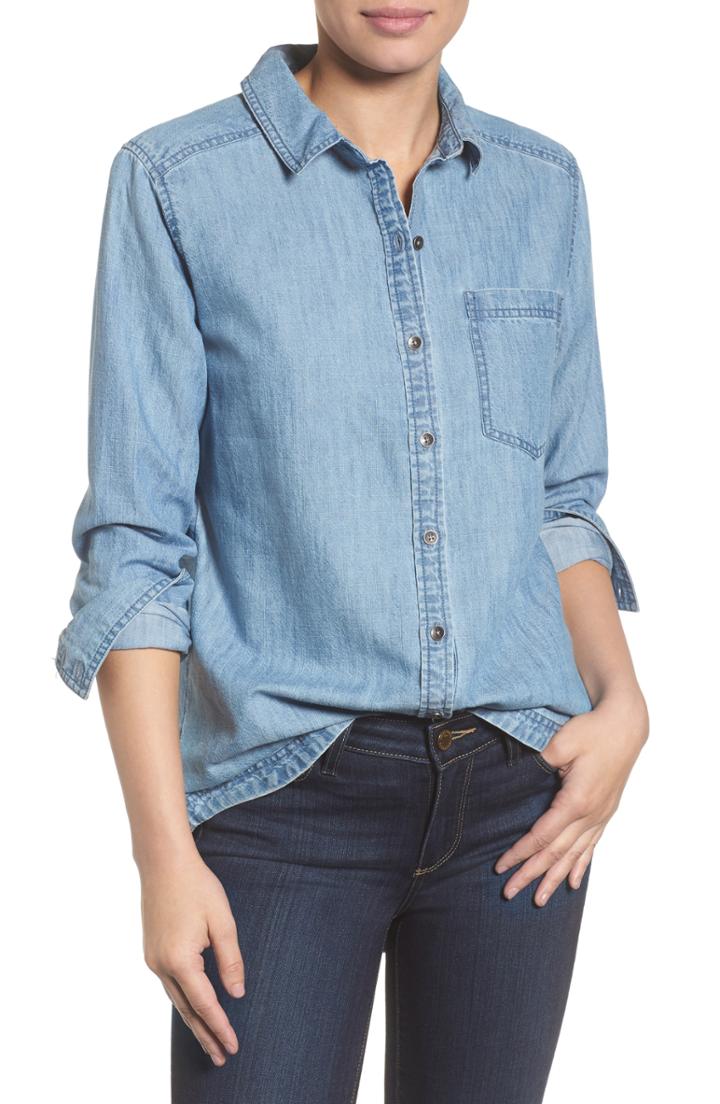 Women's Caslon Button Front Chambray Shirt, Size - Blue