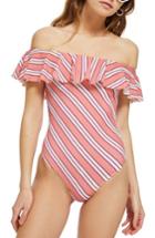 Women's Topshop Ruffle Off The Shoulder One-piece Swimsuit Us (fits Like 0) - Pink