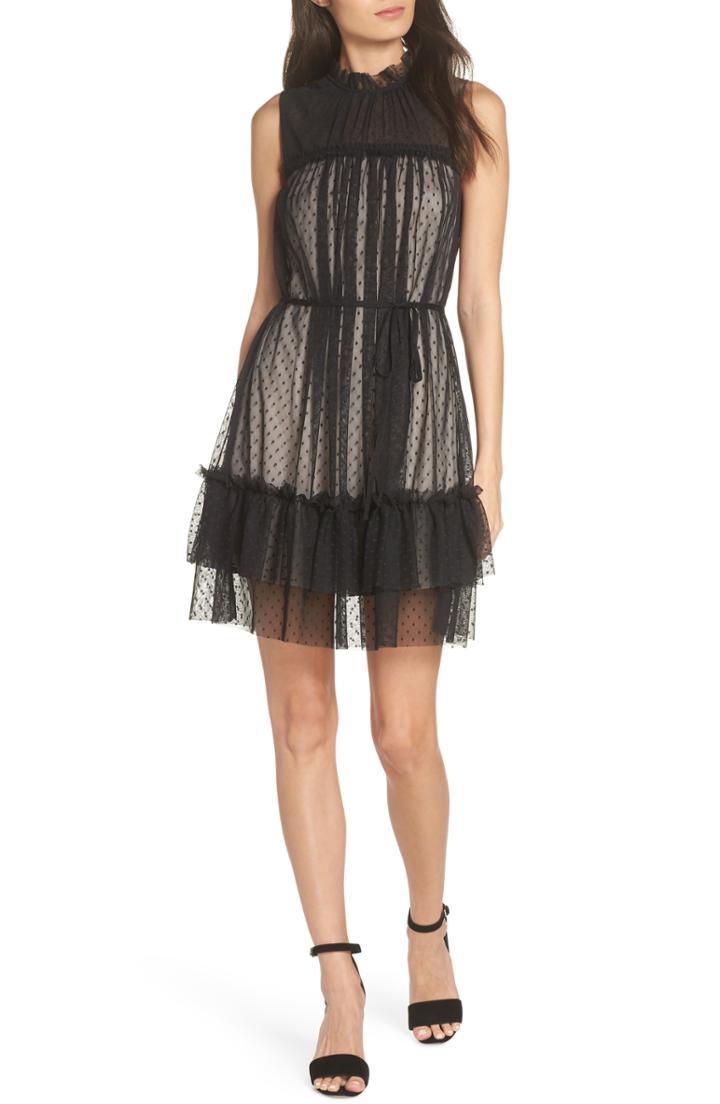 Women's Avec Les Filles Ruffle Neck Point D'esprit Dress - Black