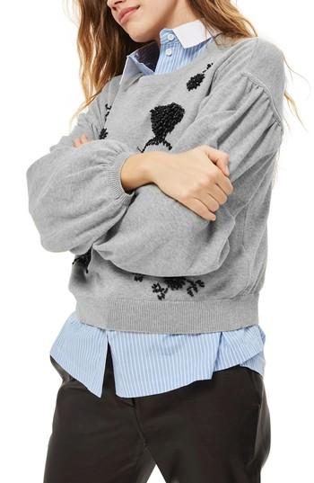 Women's Topshop Beaded Balloon Sleeve Sweater Us (fits Like 0) - Grey