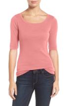 Women's Caslon Ballet Neck Cotton & Modal Knit Elbow Sleeve Tee P - Pink