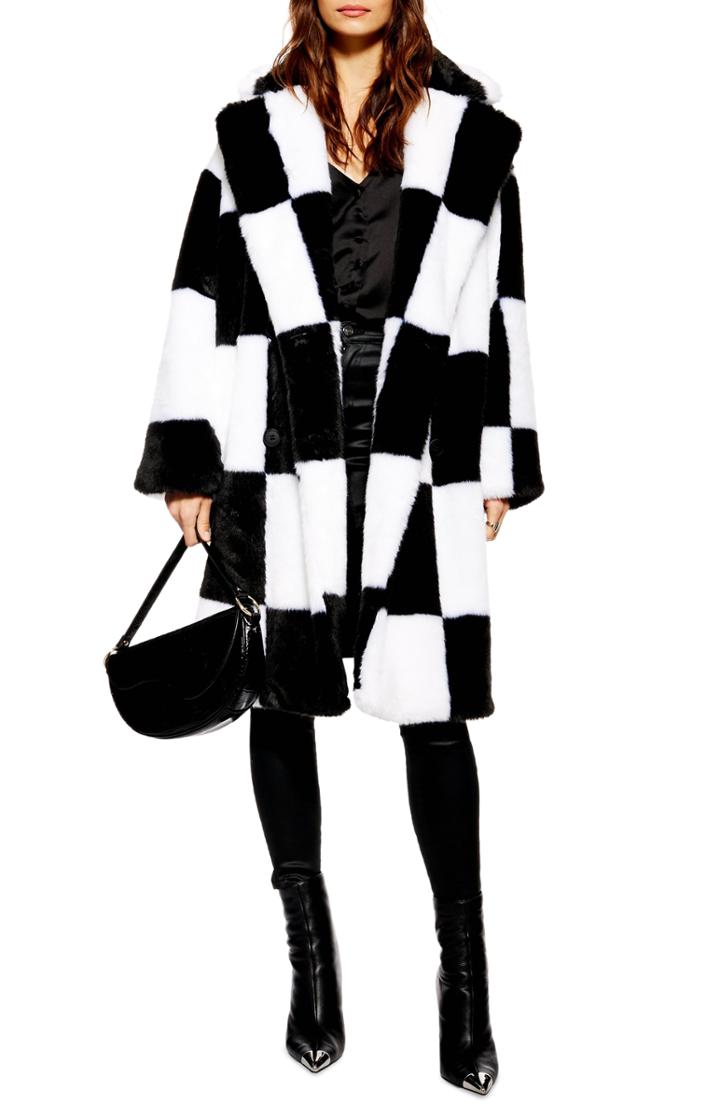 Women's Topshop Checkerboard Faux Fur Coat - Black