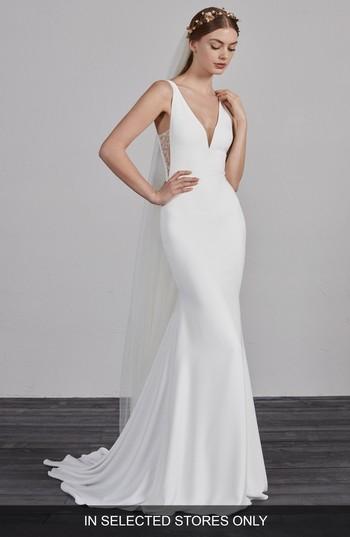 Women's Pronovias Estilo V-neck Crepe Trumpet Gown, Size In Store Only - Ivory