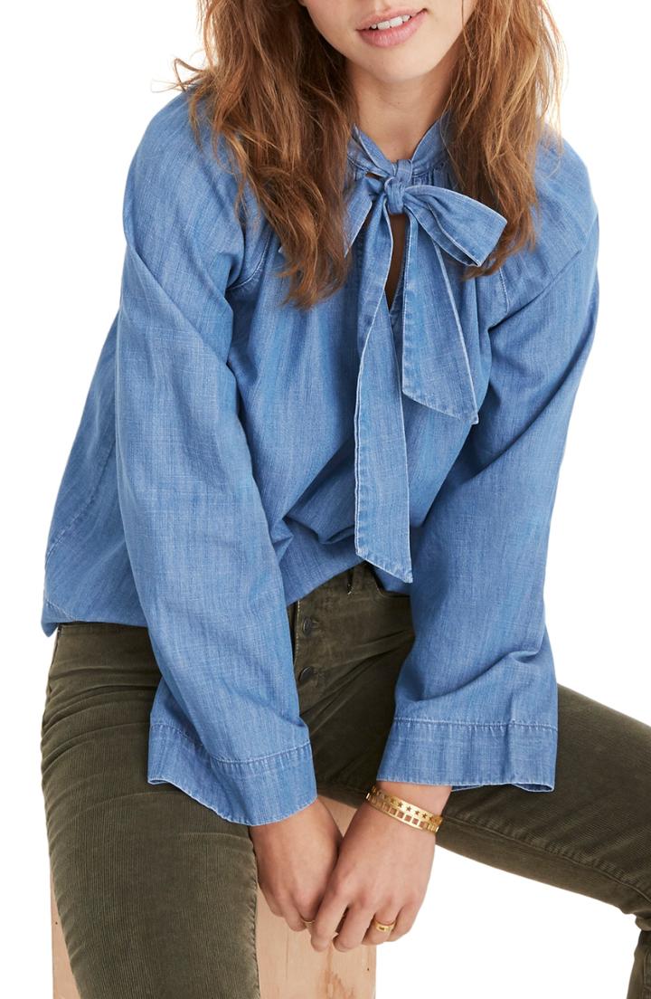 Women's Madewell Denim Tie Neck Top - Blue