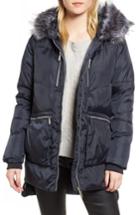 Women's Sam Edelman Hooded Puffer Jacket With Faux Fur Trim - Blue