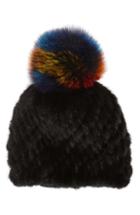 Women's Jocelyn The Supermoon Genuine Mink Fur Hat With Genuine Fox Fur Pom - Black