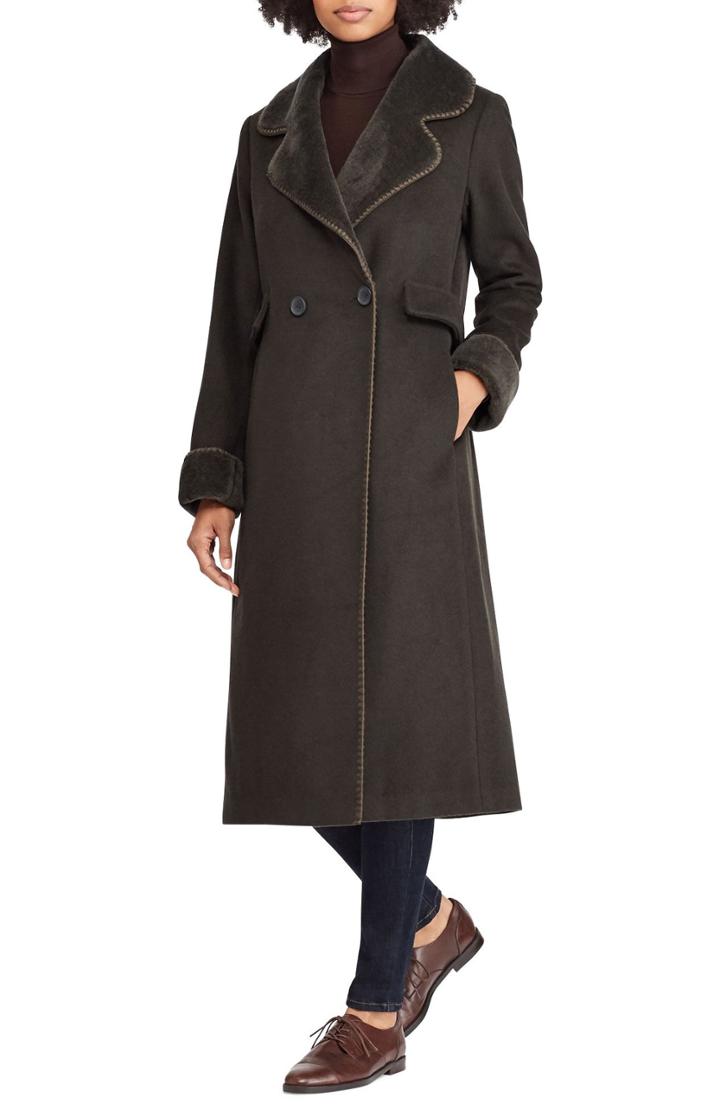 Women's Lauren Ralph Lauren Wool Blend Faux Shearling Trim Coat
