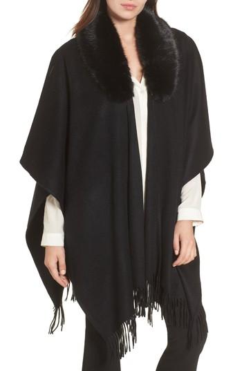 Women's Nordstrom Collection Cashmere Ruana With Faux Fur Collar, Size - Black
