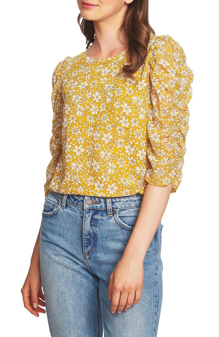 Women's 1.state Wild Blooms Ruched Sleeve Blouse, Size - Yellow