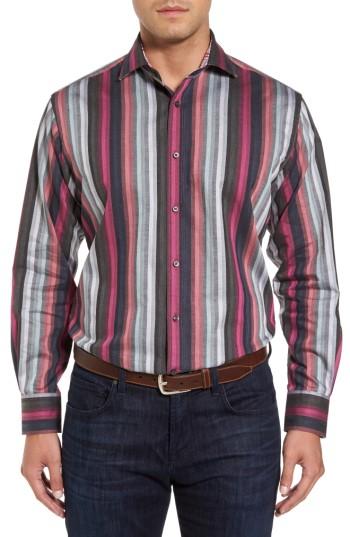 Men's Thomas Dean Multicolor Stripe Herringbone Sport Shirt - Pink