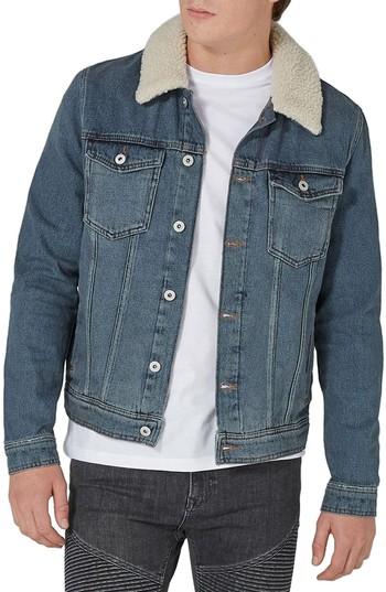 Men's Topman Borg Collar Denim Jacket - Blue