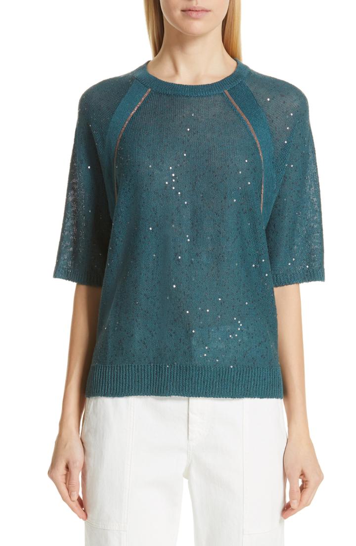 Women's Brunello Cucinelli Sequin & Monili Embellished Linen & Silk Sweater - Blue