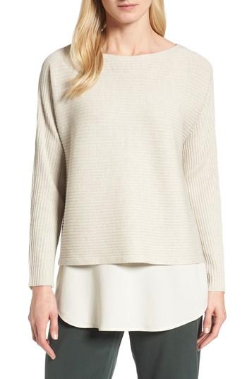 Petite Women's Eileen Fisher Boxy Ribbed Wool Sweater P - Beige