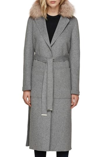 Women's Soia & Kyo Wool Blend Genuine Fox Fur Trim Belted Coat - Grey