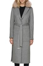 Women's Soia & Kyo Wool Blend Genuine Fox Fur Trim Belted Coat - Grey