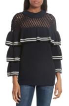 Women's Self-portrait Stripe Ruffle Wool & Cotton Sweater - Blue