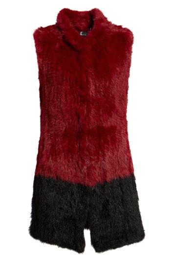 Women's Love Token Long Colorblock Genuine Rabbit Fur Vest - Burgundy