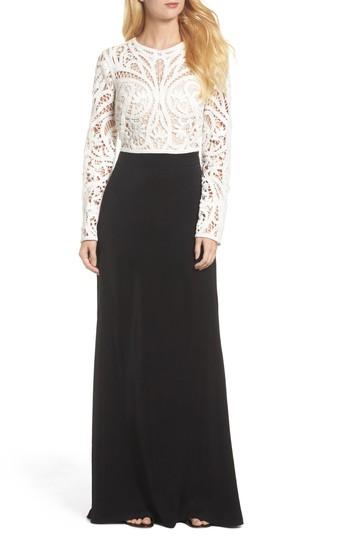 Women's Tadashi Shoji Crochet Lace & Crepe Gown - Black