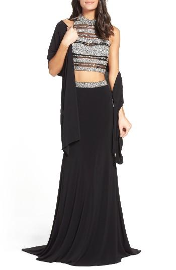 Women's Jvn By Jovani Embellished Two-piece Gown With Shawl