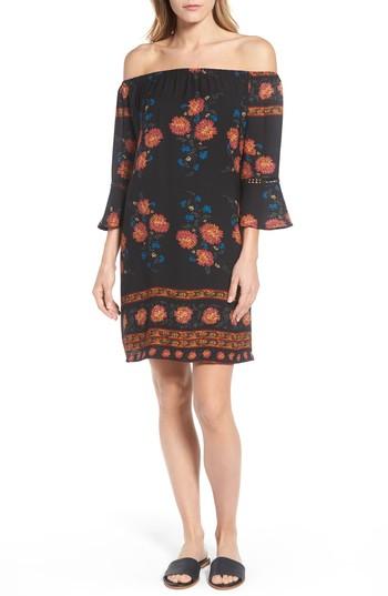 Women's Press Off The Shoulder Bell Sleeve Floral Dress - Black