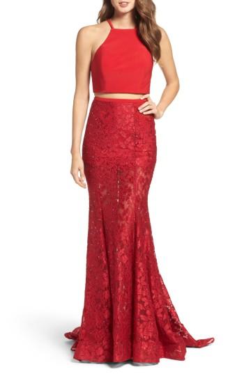 Women's La Femme Jersey & Lace Two-piece Gown - Red