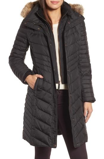 Women's Andrew Marc Chevron Quilted Coat With Genuine Coyote Fur Trim - Black