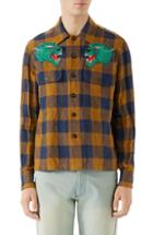 Men's Gucci Macro Gingham Panther Applique Linen Shirt Jacket