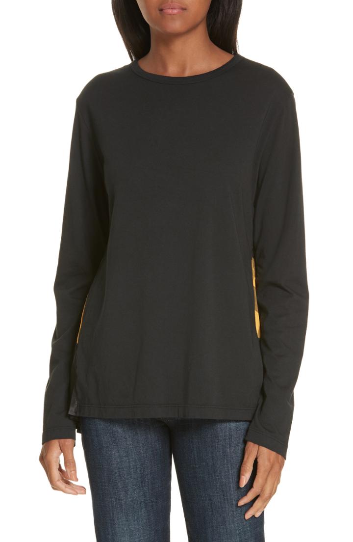 Women's Clu Mix Media Pleat Back Plaid Detail Long Sleeve Top